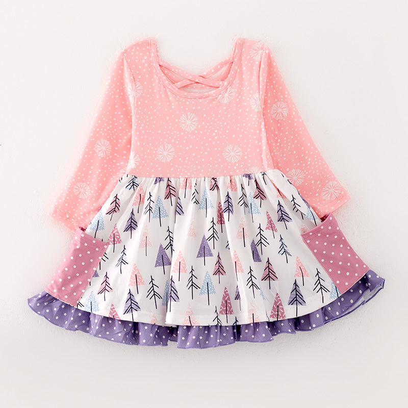 (In Stock L33-3-1)Girls Pink Christmas Print Dress