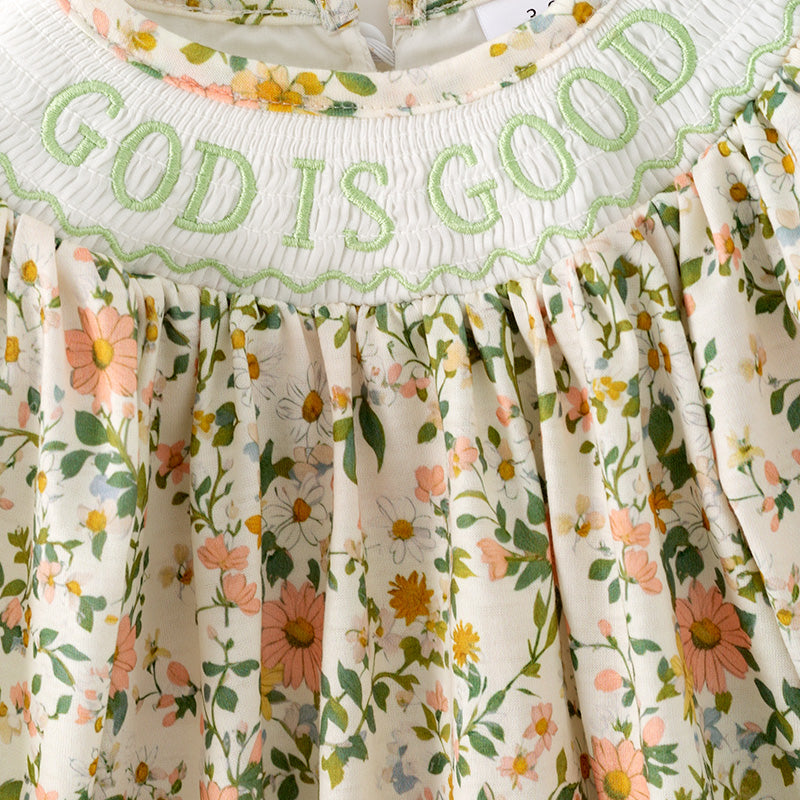(Pre Order)Toddler Girls Fall&Winter GOD IS GOOD Embroidery Smocked Romper