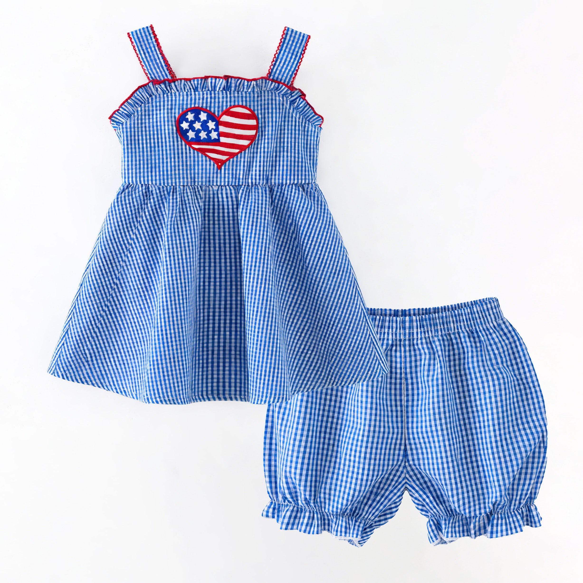 (In Stock)Sisters Patriotic Applique Cotton Dress&Bloomer Set