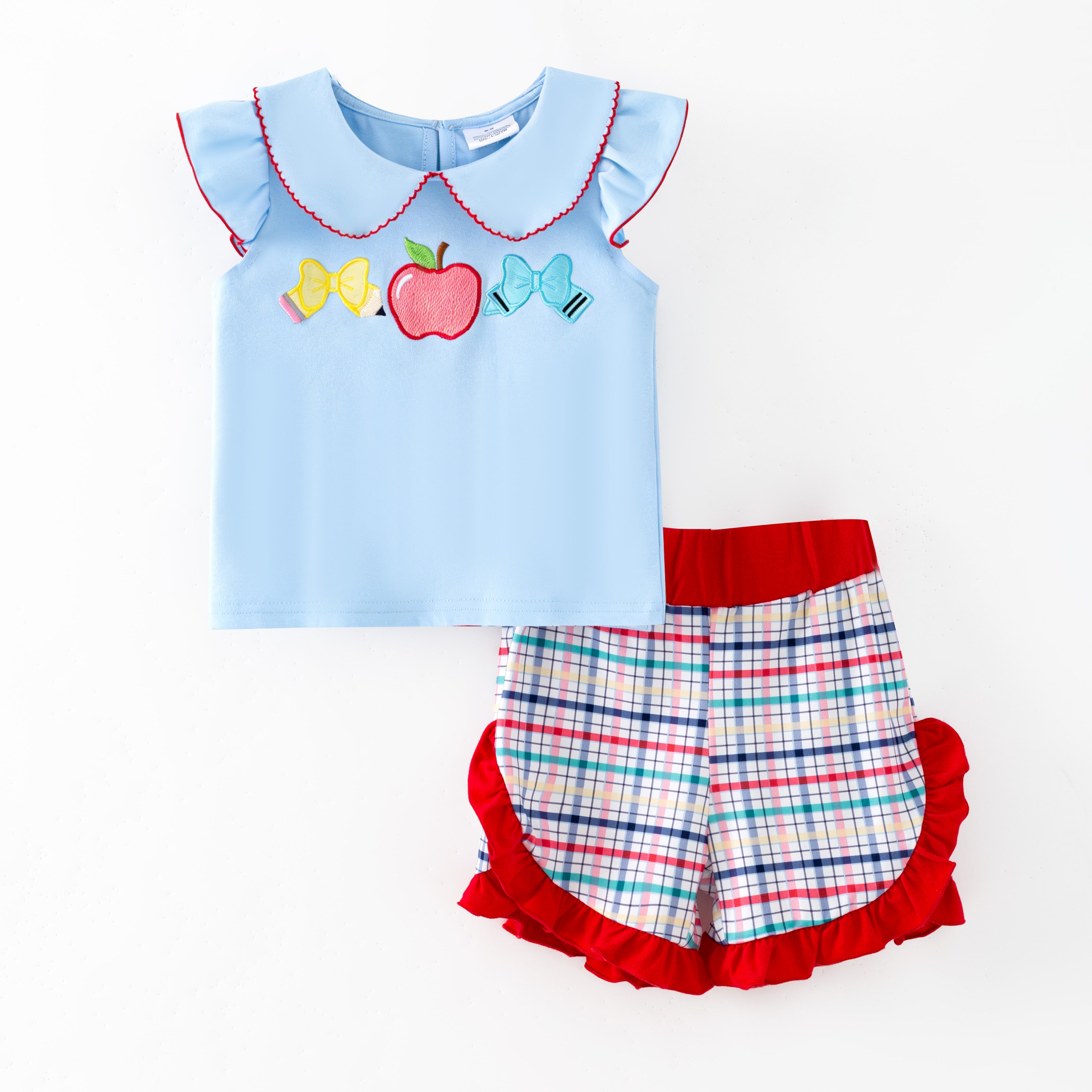 (In Stock)Girls Back To School Apple Applique Shorts Set