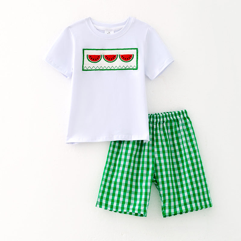 (In Stock)Boys Spring and Summer Watermelon Embroidery Smocked Shorts Set
