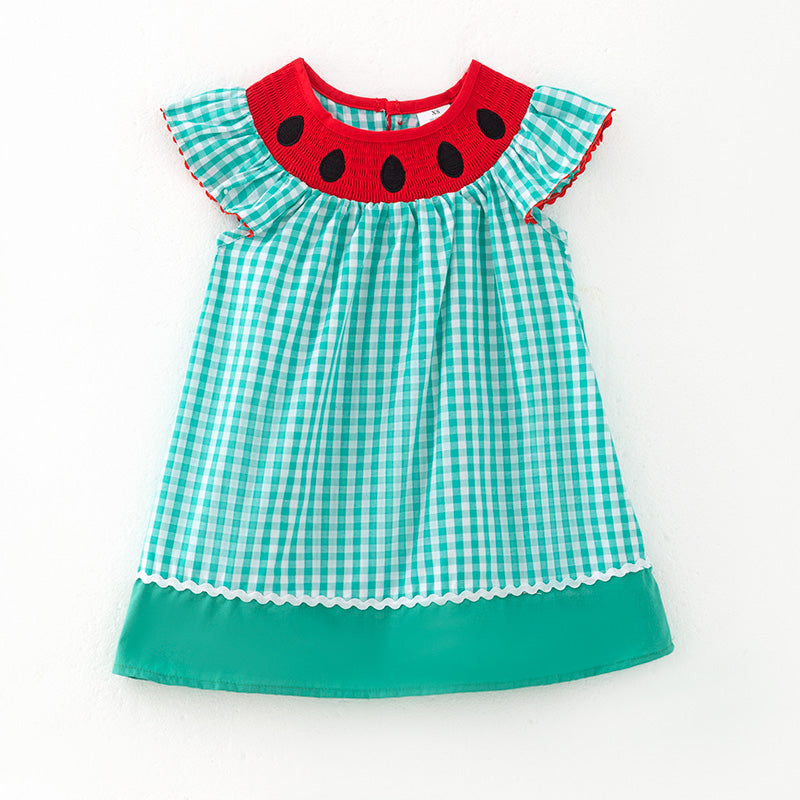 (In Stock)Girls Spring and Summer Watermelon Embroidery Smocked Dress
