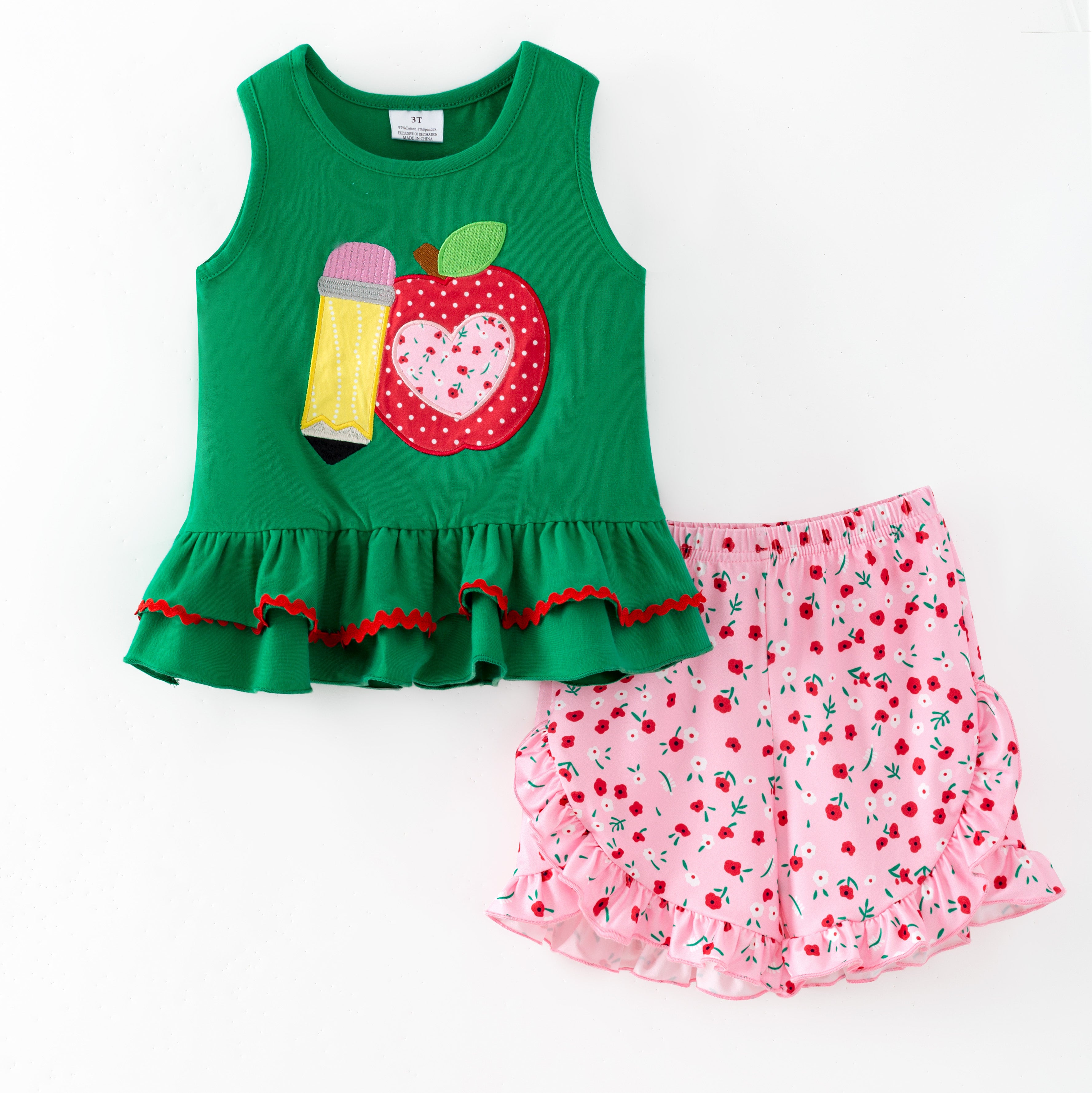 (In Stock)Girls Back To School Apple&Pencil Applique Shorts Set