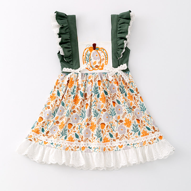 (In Stock G29-3-3)Girls Halloween Pumpkin Embroidery Dress