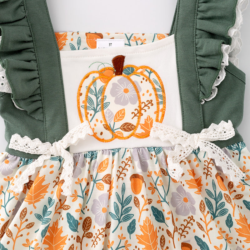 (In Stock G29-3-3)Girls Halloween Pumpkin Embroidery Dress