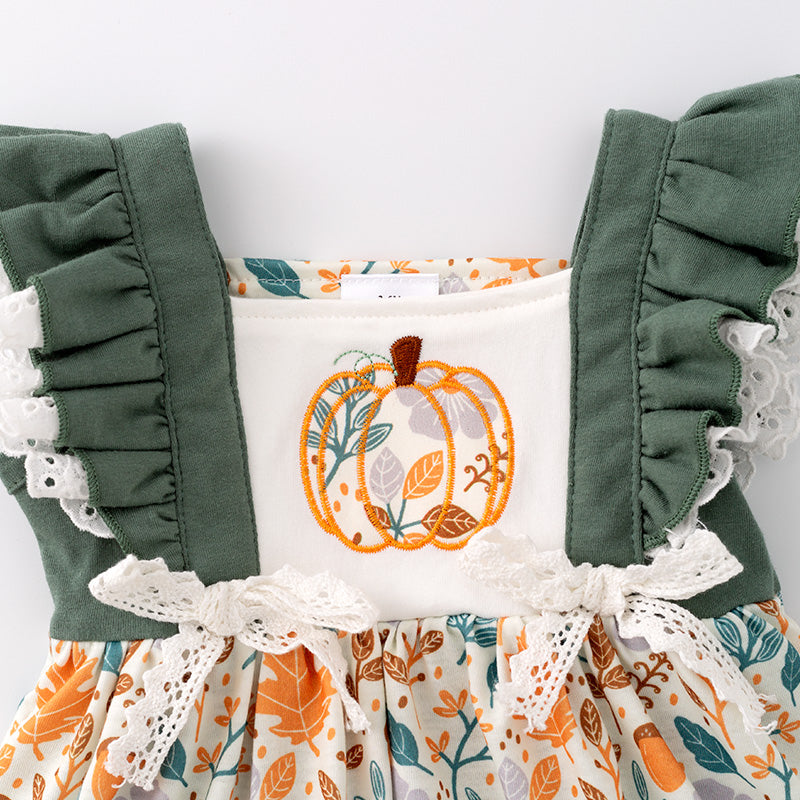 (In Stock G29-3-3)Baby Girls Halloween Pumpkin Embroidery Romper