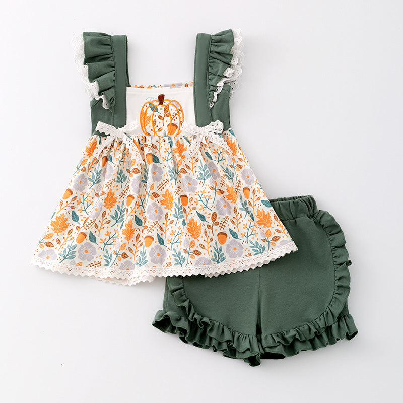 (In Stock G29-3-3)Girls Halloween Pumpkin Embroidery Short Set
