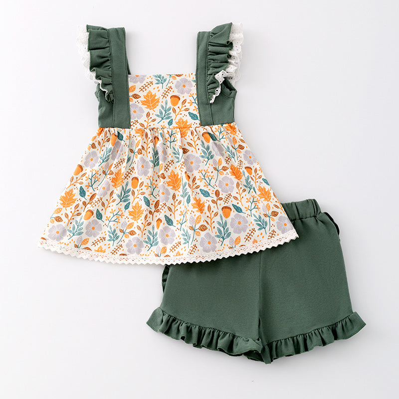 (In Stock G29-3-3)Girls Halloween Pumpkin Embroidery Short Set