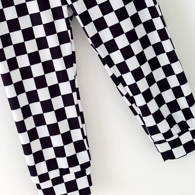 (In Stock)Girls Halloween Spooky Vibes Print Hoodie Checkered Trousers Set