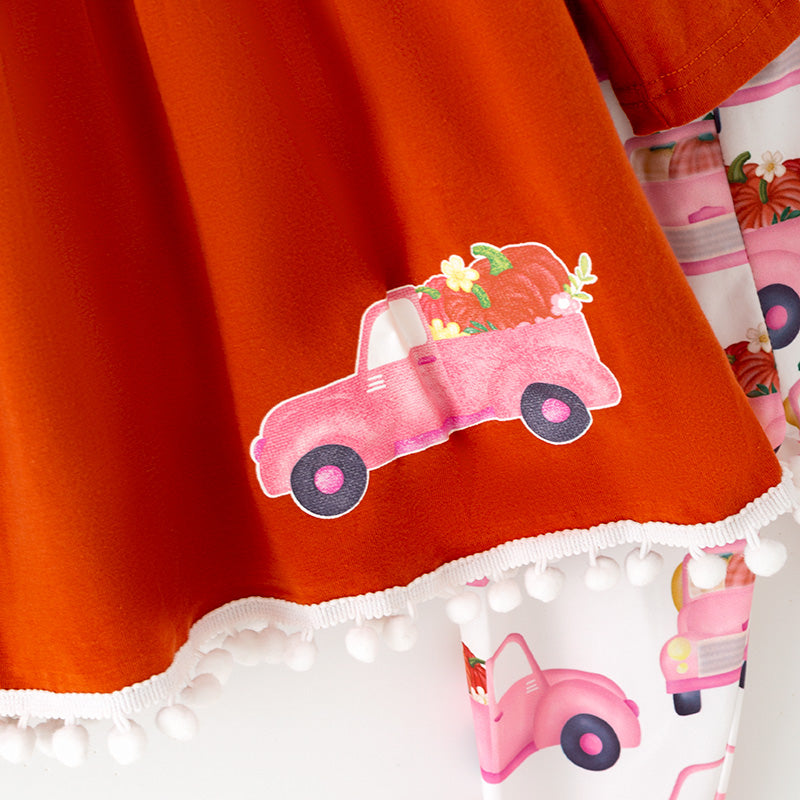 (In Stock)Girls Thanksgiving Pumpkin Print Outfit Set with Scarf