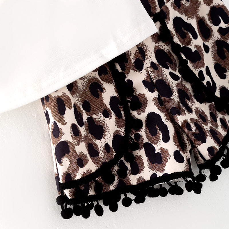 (In Stock)Girls Spring and Summer Flounce Cotton Top Leopard Print Shorts Set