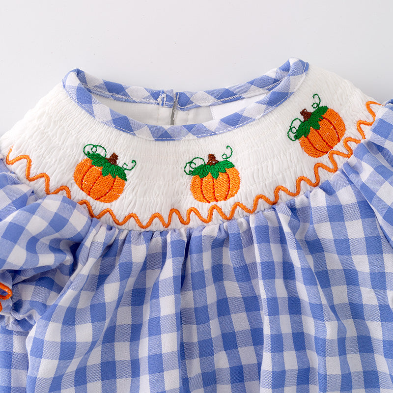 (In Stock G29-2-1)Baby Girls Halloween Blue Plaid Embroidery Romper