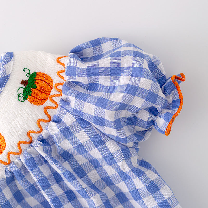 (In Stock G29-2-1)Baby Girls Halloween Blue Plaid Embroidery Romper