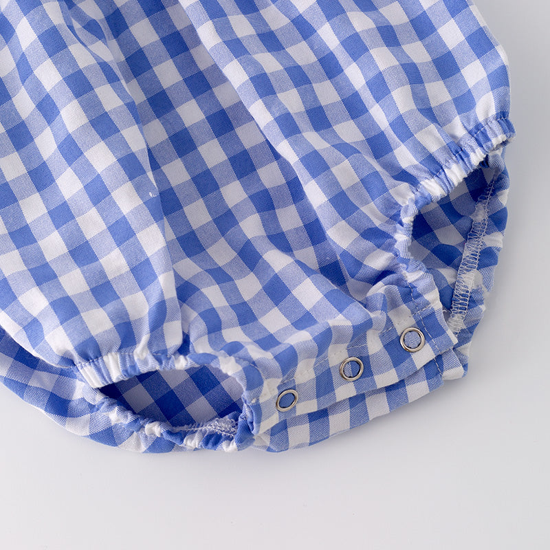(In Stock G29-2-1)Baby Girls Halloween Blue Plaid Embroidery Romper