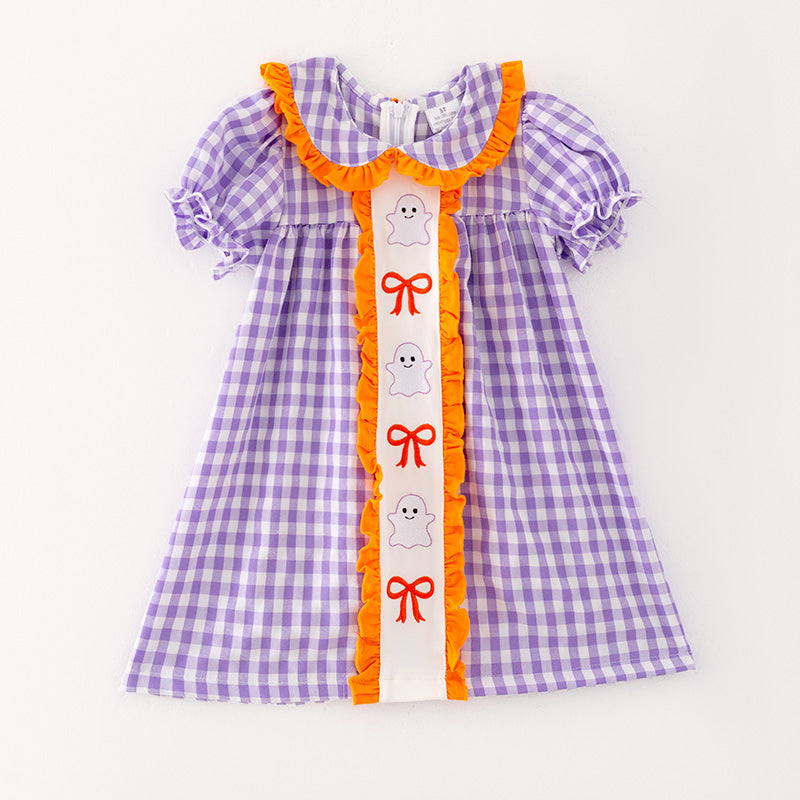 (In Stock)Girls Halloween Lavender Plaid Embroidery Dress