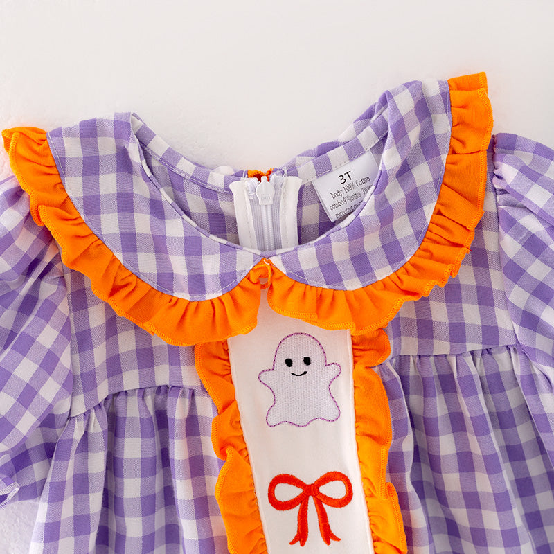 (In Stock)Girls Halloween Lavender Plaid Embroidery Dress