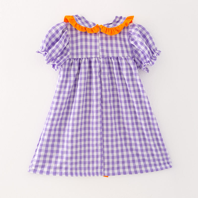 (In Stock)Girls Halloween Lavender Plaid Embroidery Dress