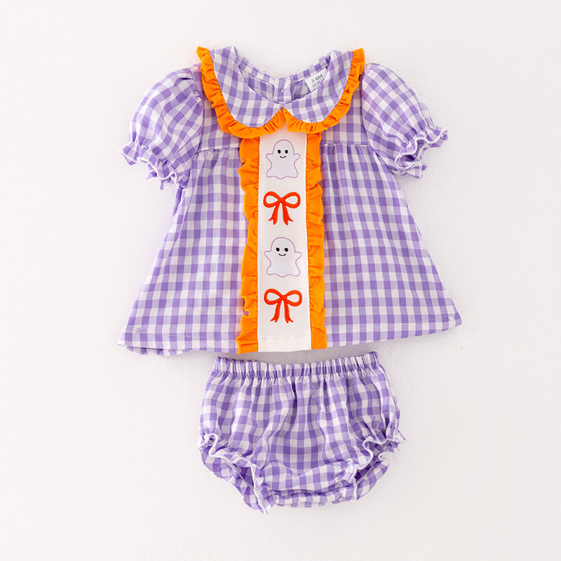 (In Stock)Baby Girls Halloween Lavender Plaid Embroidery Bloomer Set