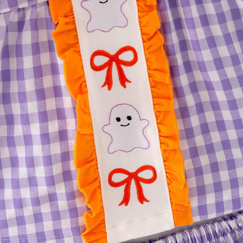 (In Stock)Baby Girls Halloween Lavender Plaid Embroidery Bloomer Set