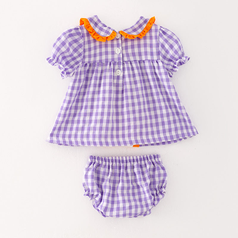 (In Stock)Baby Girls Halloween Lavender Plaid Embroidery Bloomer Set