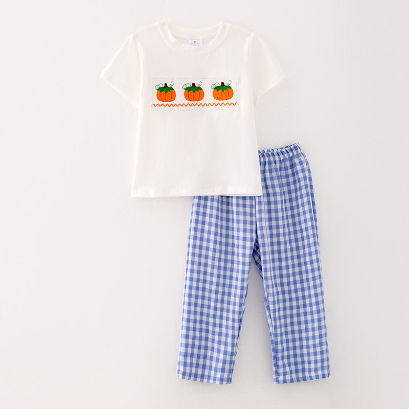 (In Stock G29-5-3)Boys Halloween Blue Plaid Embroidery Outfit Set