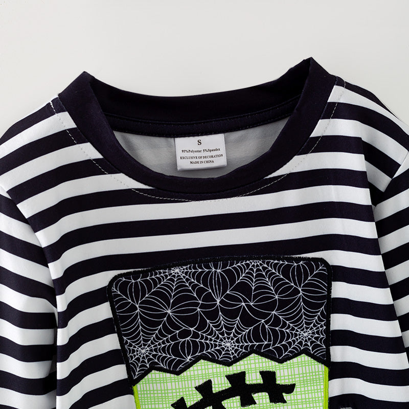 (In Stock)Boys Halloween Cartoon Applique Stripe Top