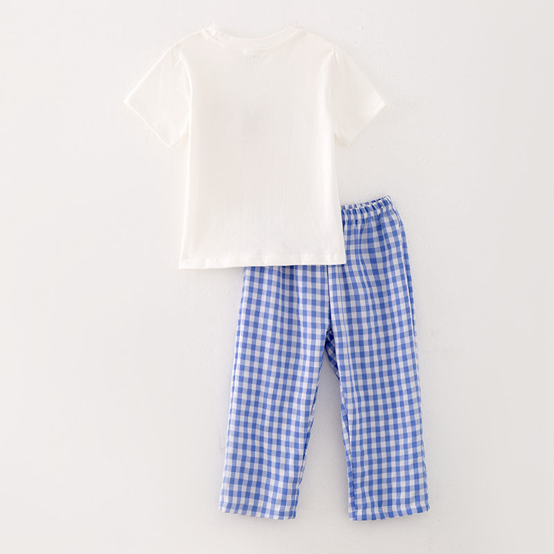 (In Stock G29-5-3)Boys Halloween Blue Plaid Embroidery Outfit Set