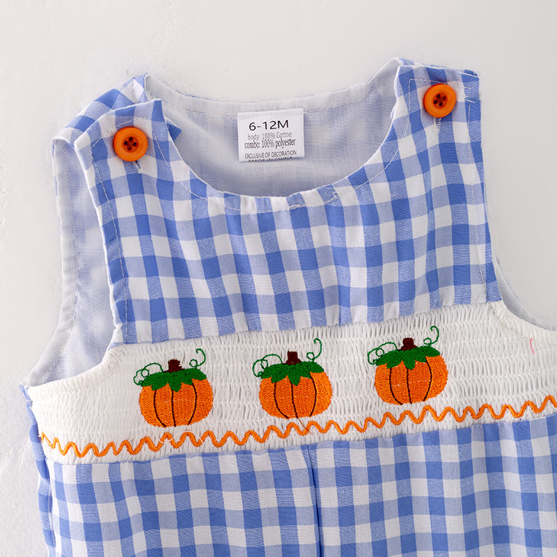 (In Stock G29-4-2)Baby Boys Halloween Blue Plaid Embroidery Romper