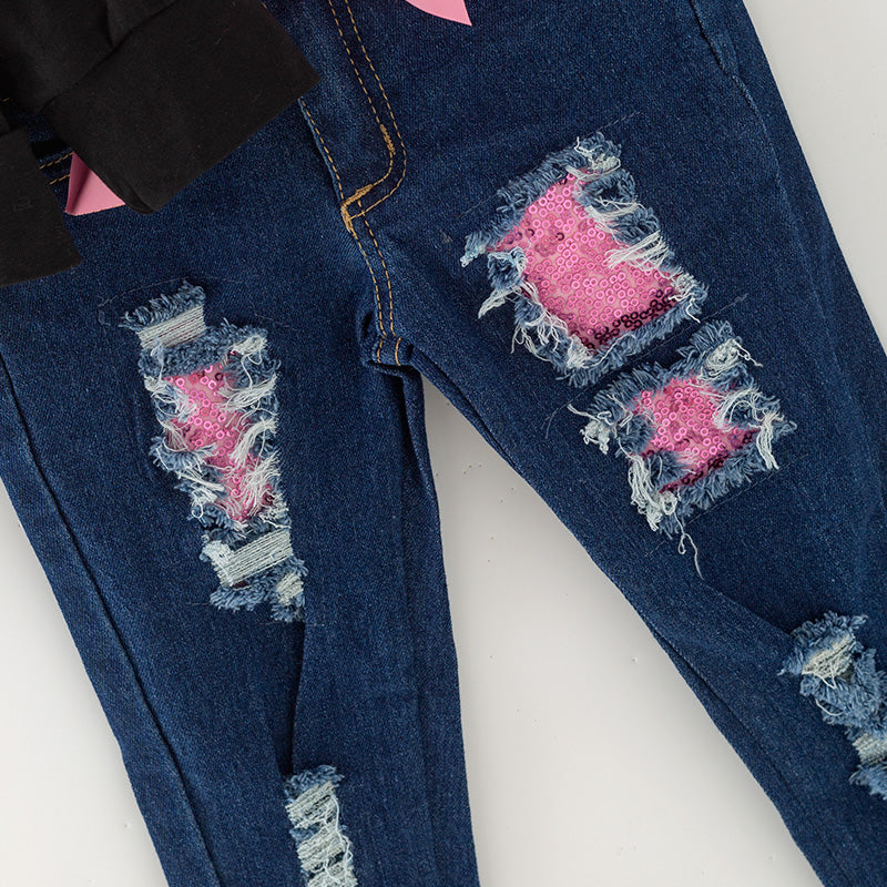 (In Stock)Girls Halloween Ghost Print Ripped Jeans Set