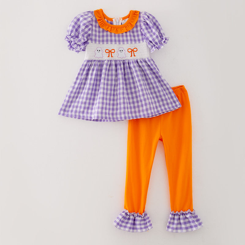 (In Stock)Girls Halloween Lavender Plaid Embroidery Outfit Set