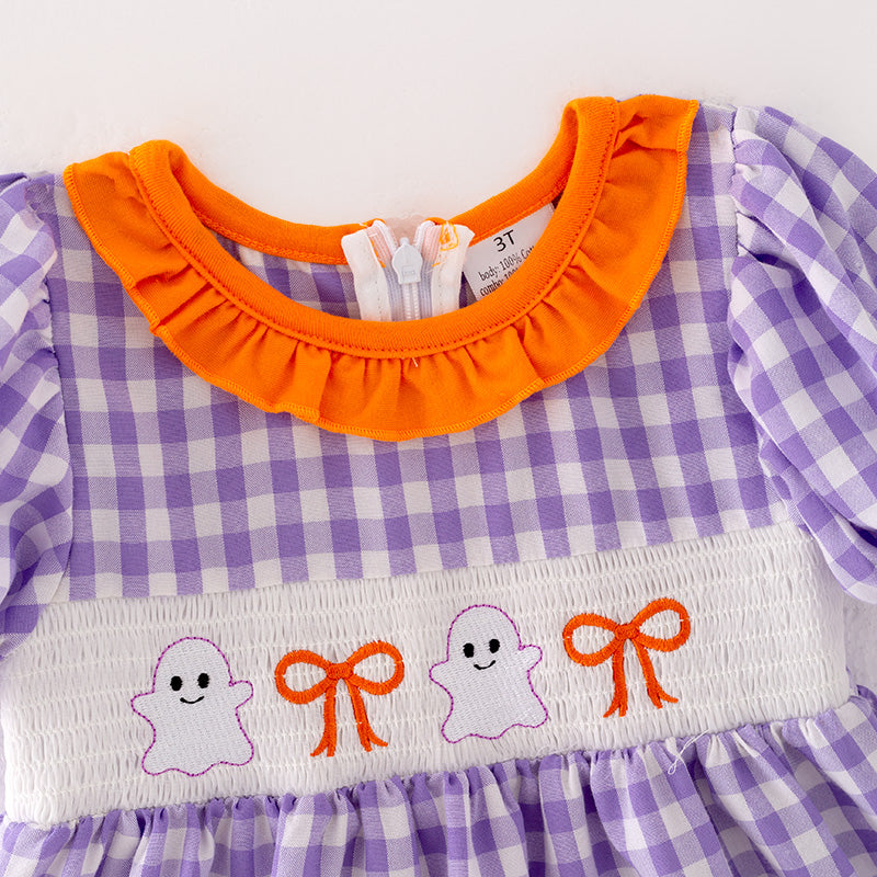 (In Stock)Girls Halloween Lavender Plaid Embroidery Outfit Set