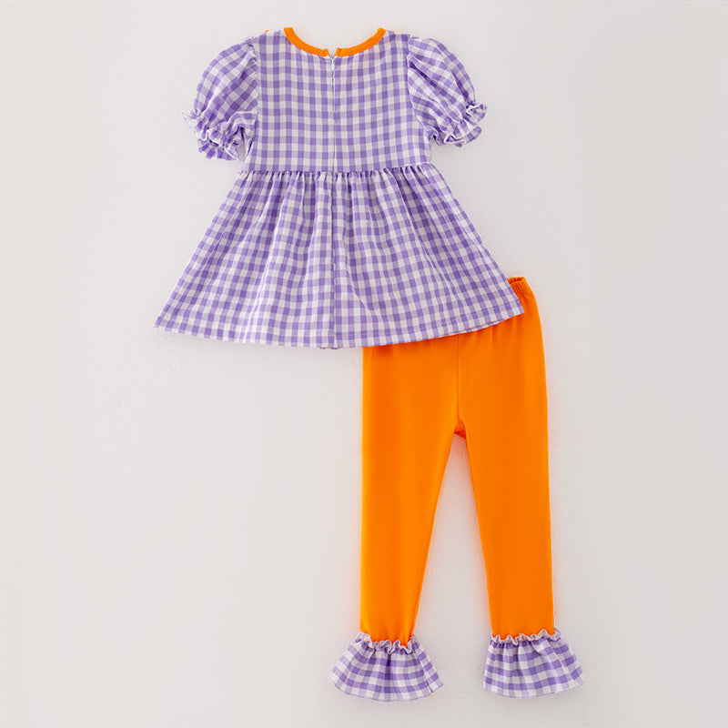(In Stock)Girls Halloween Lavender Plaid Embroidery Outfit Set