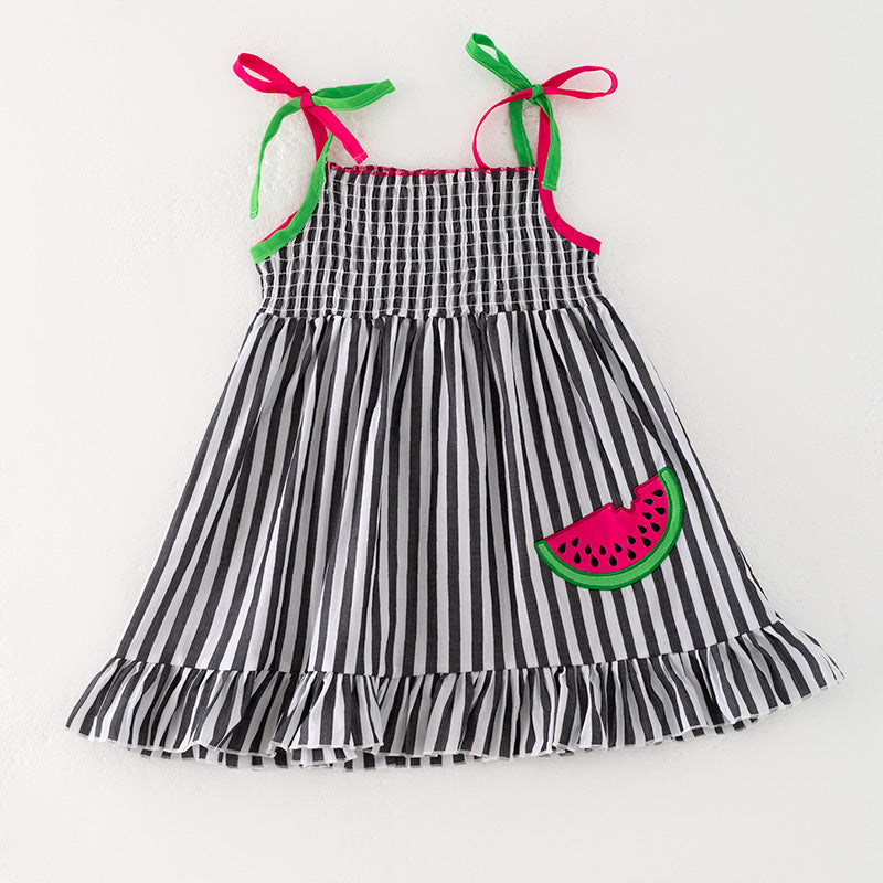 (In Stock)Girls Spring and Summer Watermelon Applique Smocked Slip Dress
