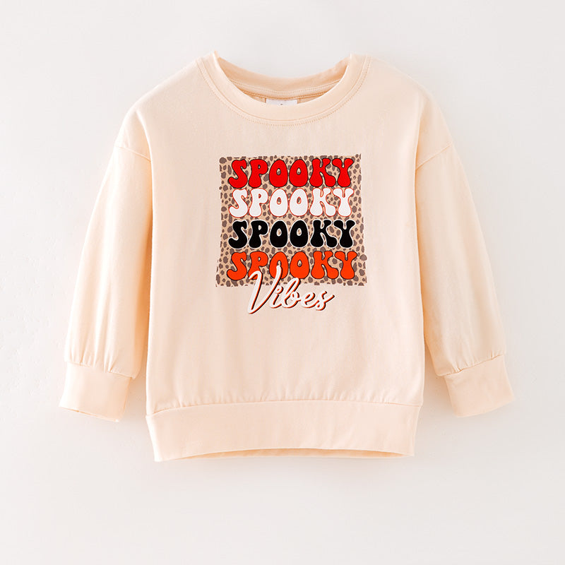 (In Stock)Girls Halloween Spooky Vibes Print Cream Cotton Top