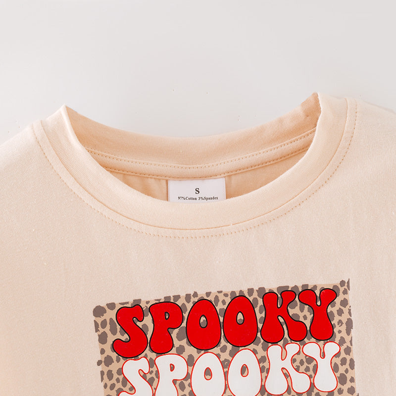 (In Stock)Girls Halloween Spooky Vibes Print Cream Cotton Top