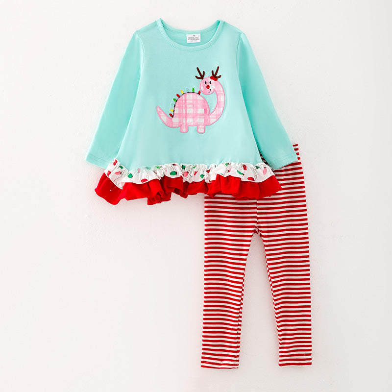(In Stock G7-5-1)Girls Christmas Print Stripe Outfit Set