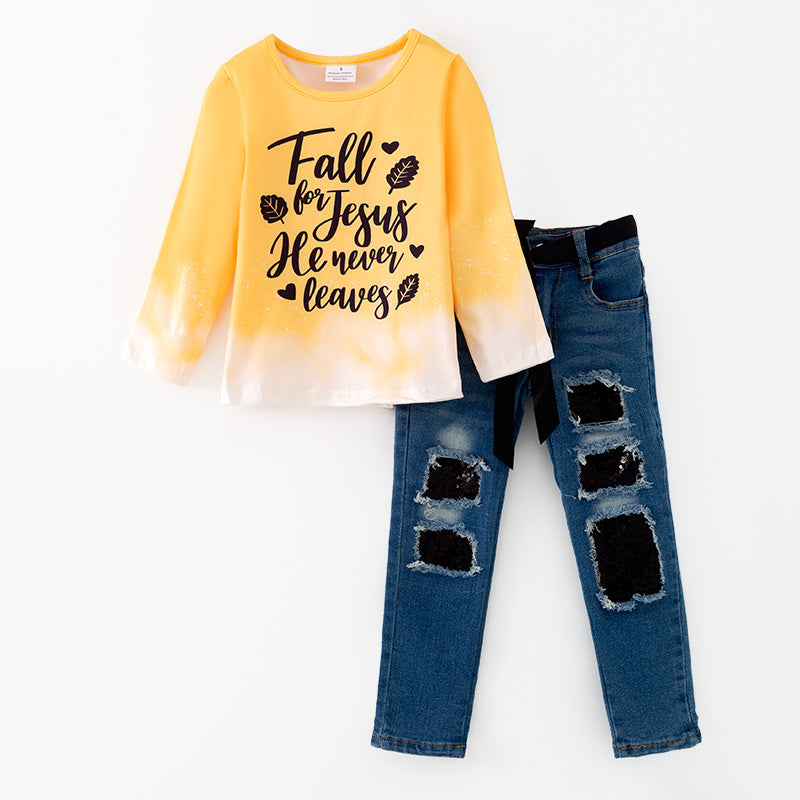 (In Stock)Girls Fall for Jesus Print Denim Set