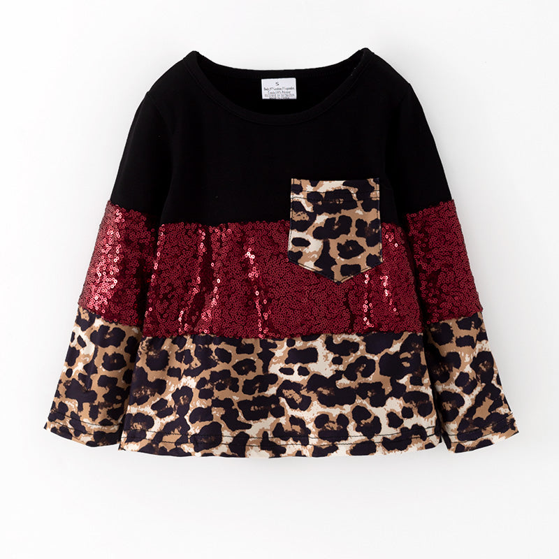 (In Stock)Mommy and Me Fall Leopard Print Sequin Long Sleeves Top