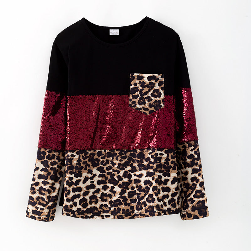 (In Stock)Mommy and Me Fall Leopard Print Sequin Long Sleeves Top