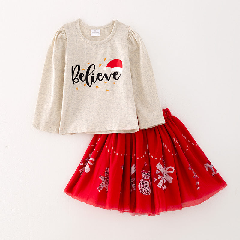 (In Stock G21-2-1)Girls Christmas Print Skirt Set