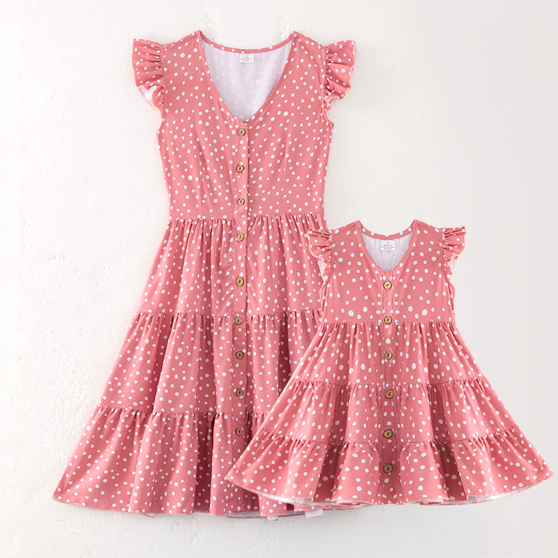 (In Stock)Mommy and Me Spring&Summer Coral Polka Dot Dress