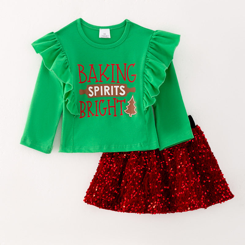 (In Stock G9-2-3)Girls Christmas Print Velvet Skirt Set