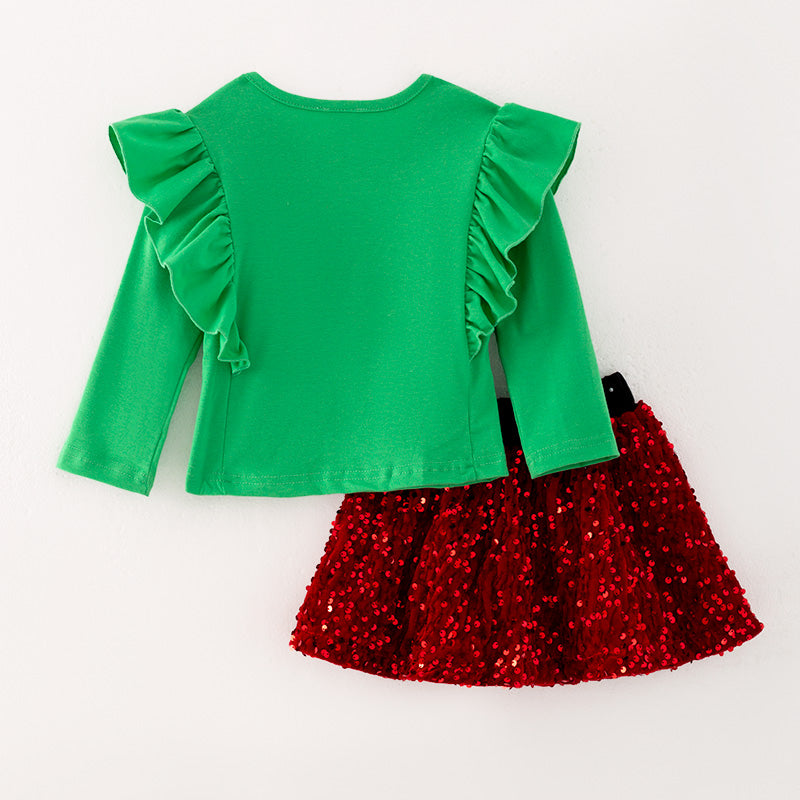 (In Stock G9-2-3)Girls Christmas Print Velvet Skirt Set