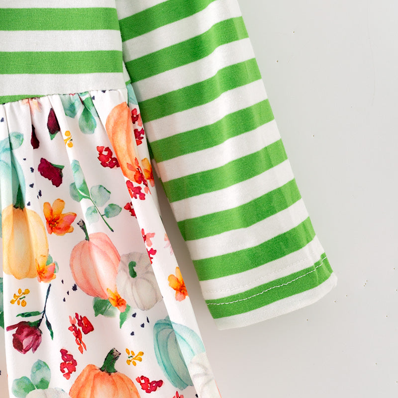 (In Stock)Girls Fall Pumpkin Print Stripe Dress
