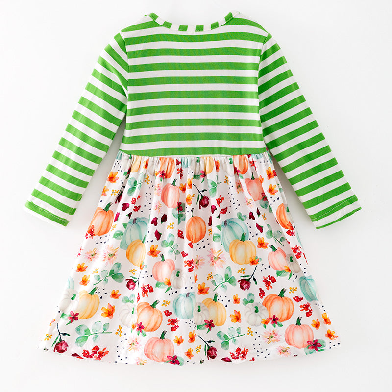 (In Stock)Girls Fall Pumpkin Print Stripe Dress