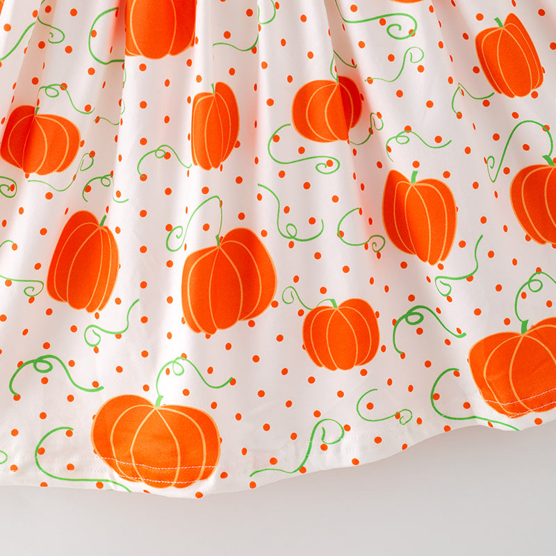 (In Stock)Girls Fall Pumpkin Print Lace Sleeves Dress