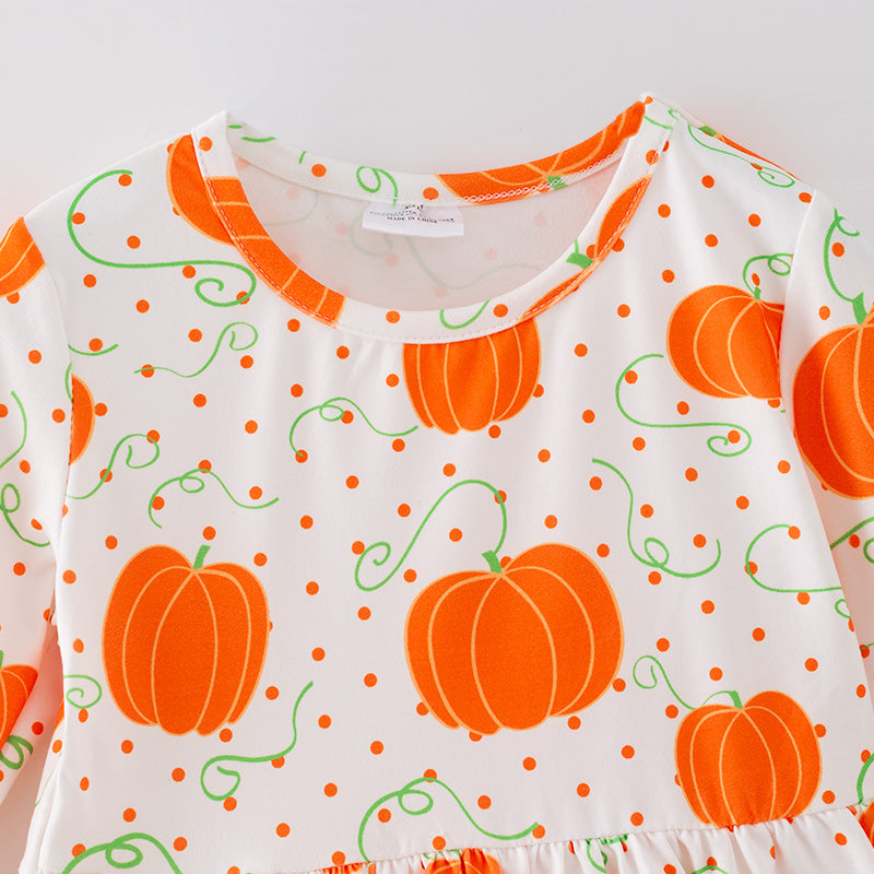 (In Stock)Girls Fall Pumpkin Print Lace Sleeves Dress