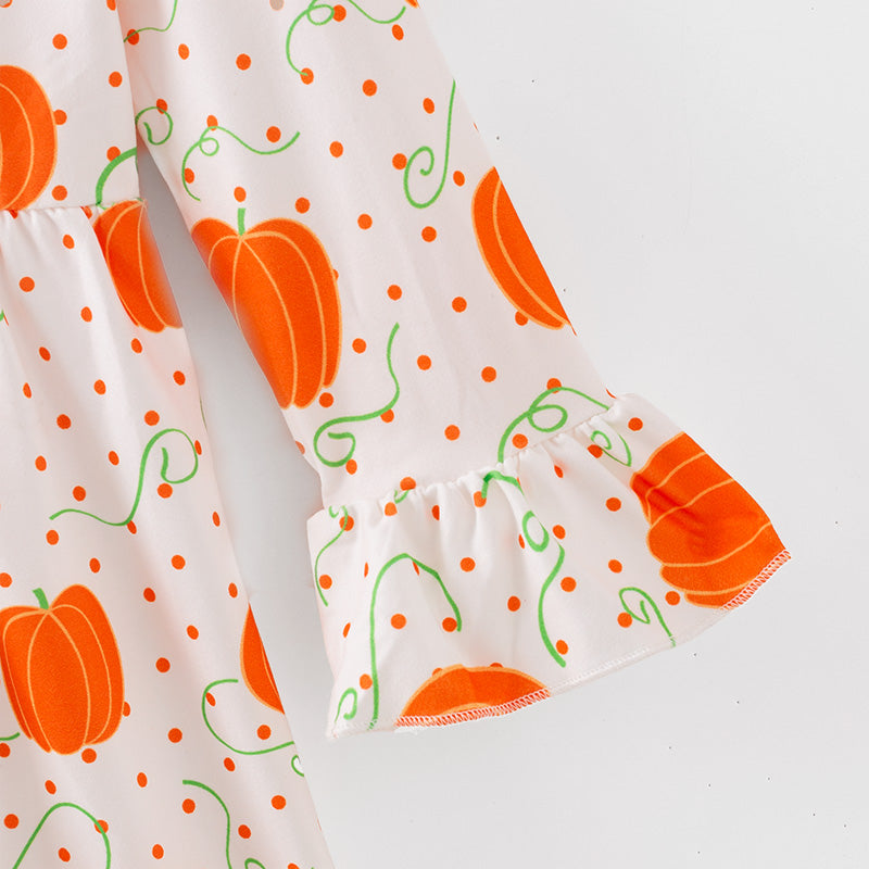 (In Stock)Girls Fall Pumpkin Print Lace Sleeves Dress