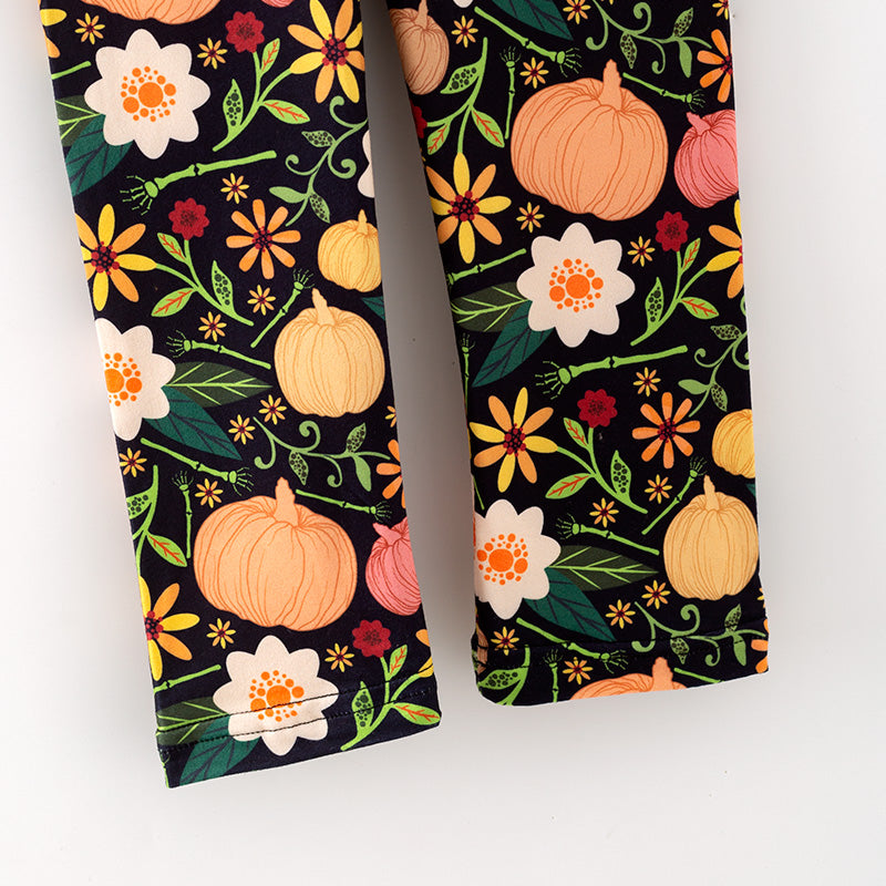 (In Stock)Girls Fall Pumpkin Print Grey Cotton Top Milk Silk Pants Set