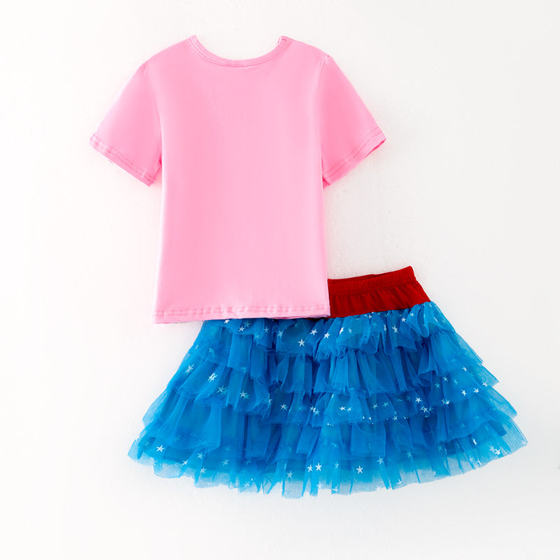 (In Stock)Girls Patriotic Print Cotton Top Tulle Skirt Set
